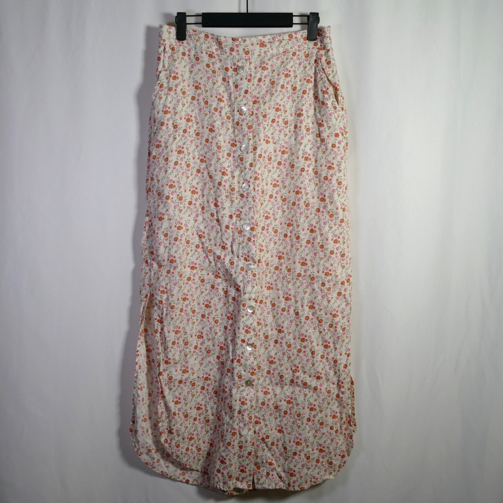 Womens Cottagecore Floral Button Front Maxi Skirt Size S Linen Vacation Resort